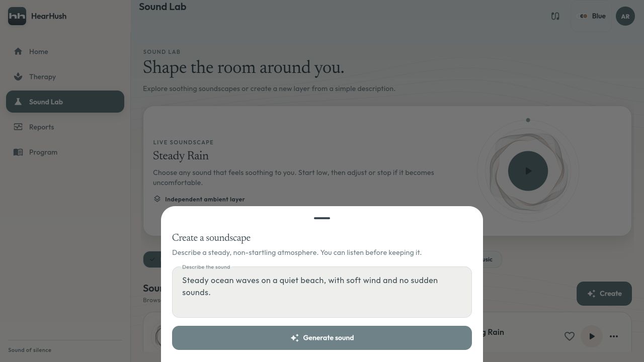 HearHush’s Create a soundscape screen, with an example ocean-waves description and a Generate sound button.