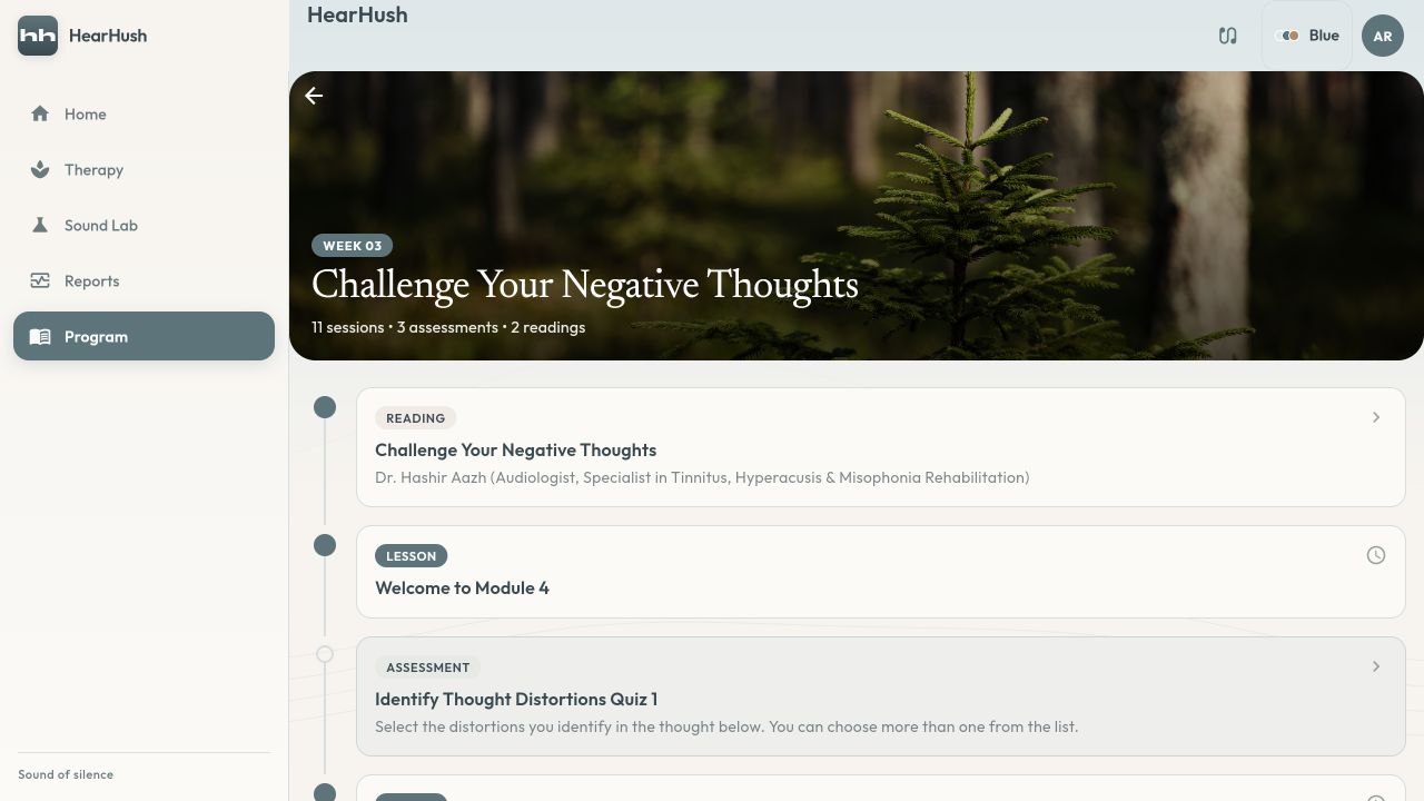 A HearHush CBT module called Challenge Your Negative Thoughts, with a specialist reading, lesson and practical assessment.