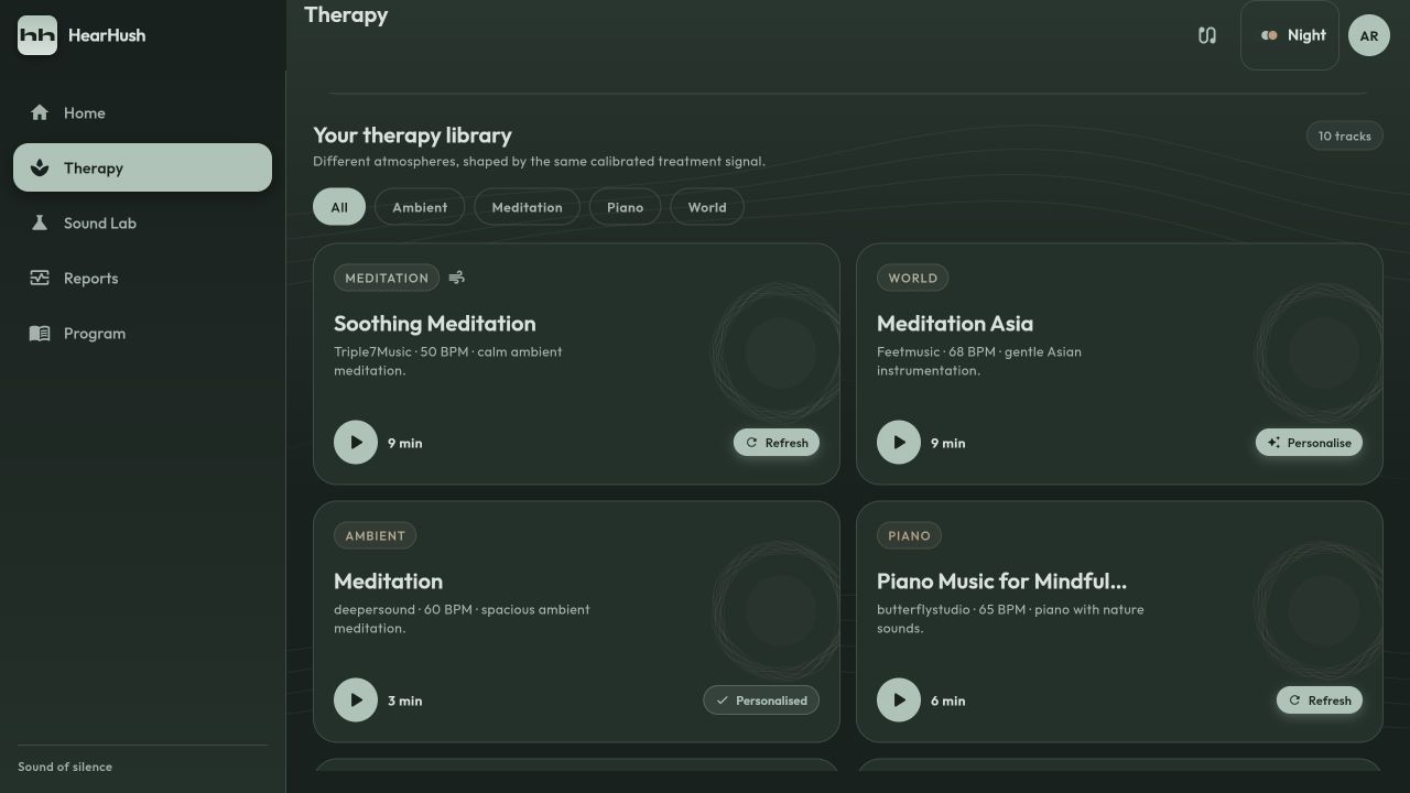 HearHush’s evening-mode therapy library with meditation, ambient and piano tracks, and personalisation controls.