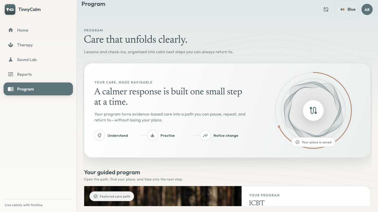 HearHush Program screen presenting a calm step-by-step iCBT care path