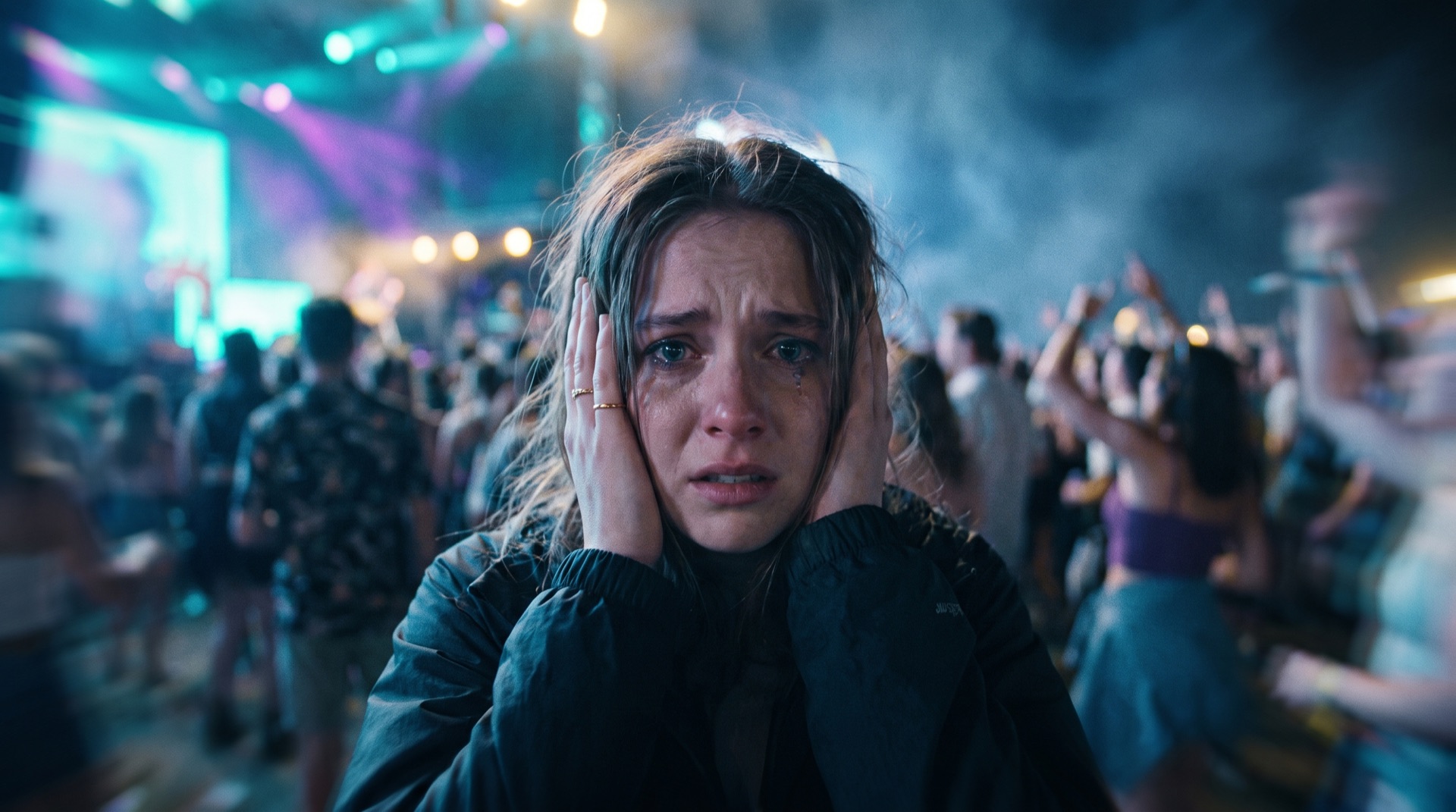 A young woman at a festival covering her ears as the sound becomes overwhelming