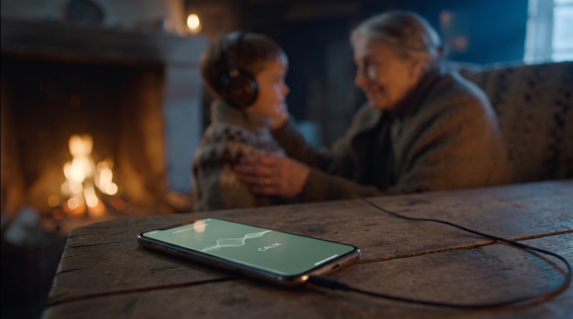 A phone on the table running a calm sound app beside the pair by the fire